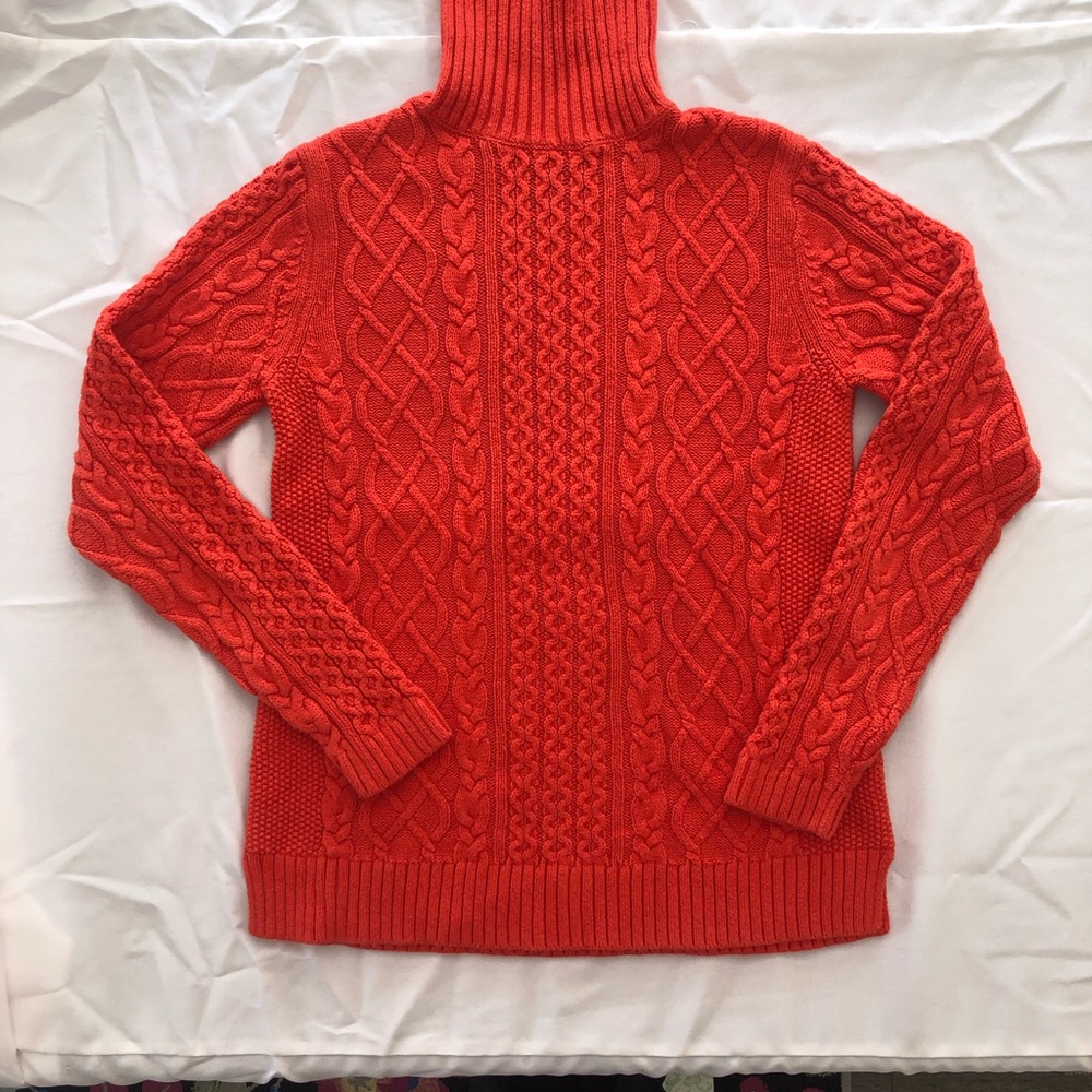 Lands End Poppy Orange cable cotton turtleneck sweater